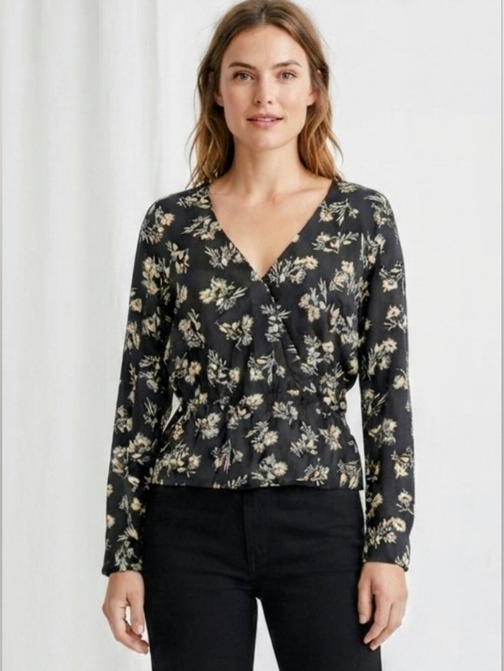 NWOT Frank And Oak EcoVero Viscose Floral Faux Wrap Blouse - Black & Cream - Med